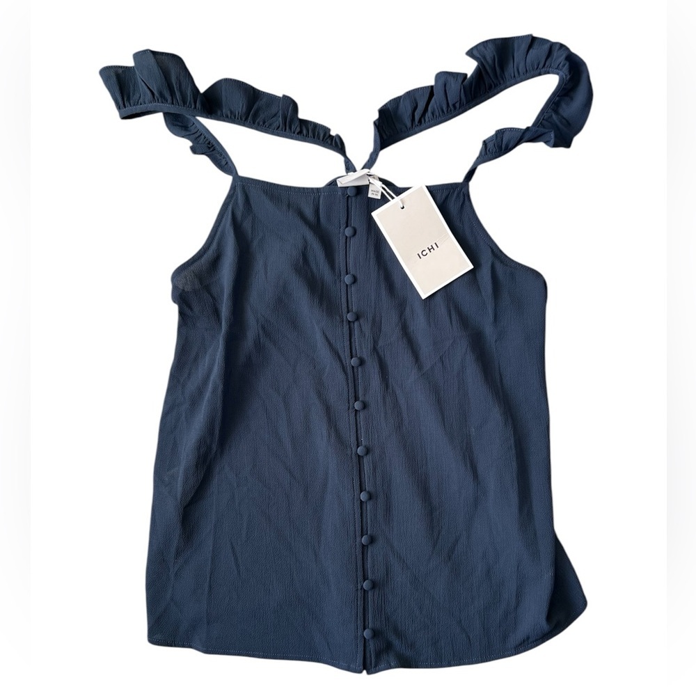 ICHI Navy Blue Button Down Flutter Blouse Medium NWT